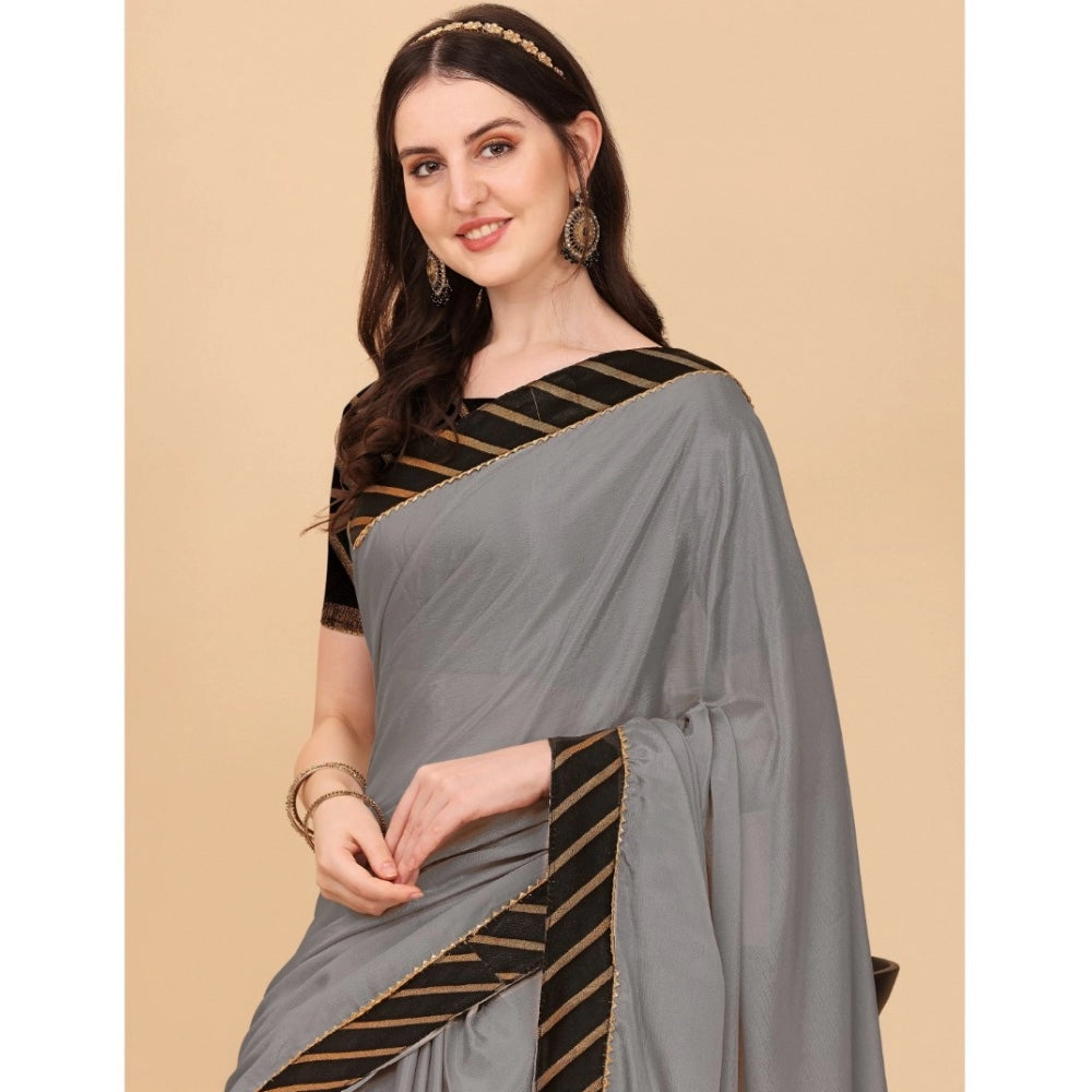 Women's Chiffon Self Design Saree With Unstitched Blouse 5.5 Mtr (Silver)