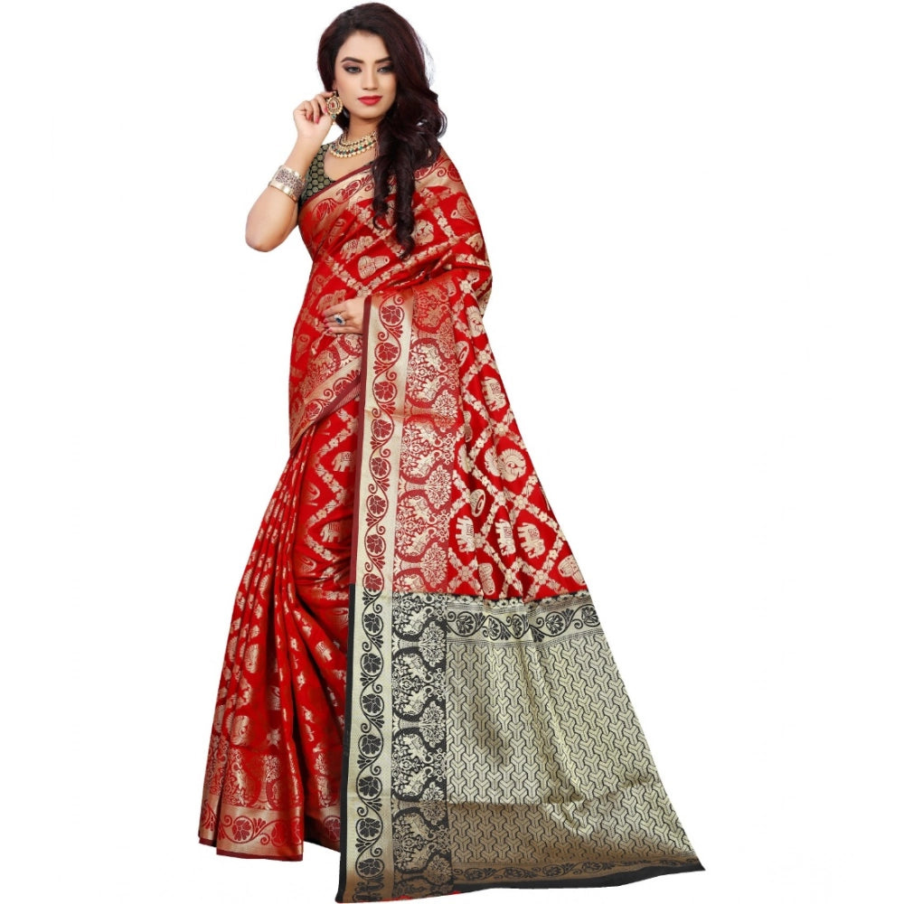 Women's Jacquard Woven Saree With Unstitched Blouse 5.5 Mtr (Red)