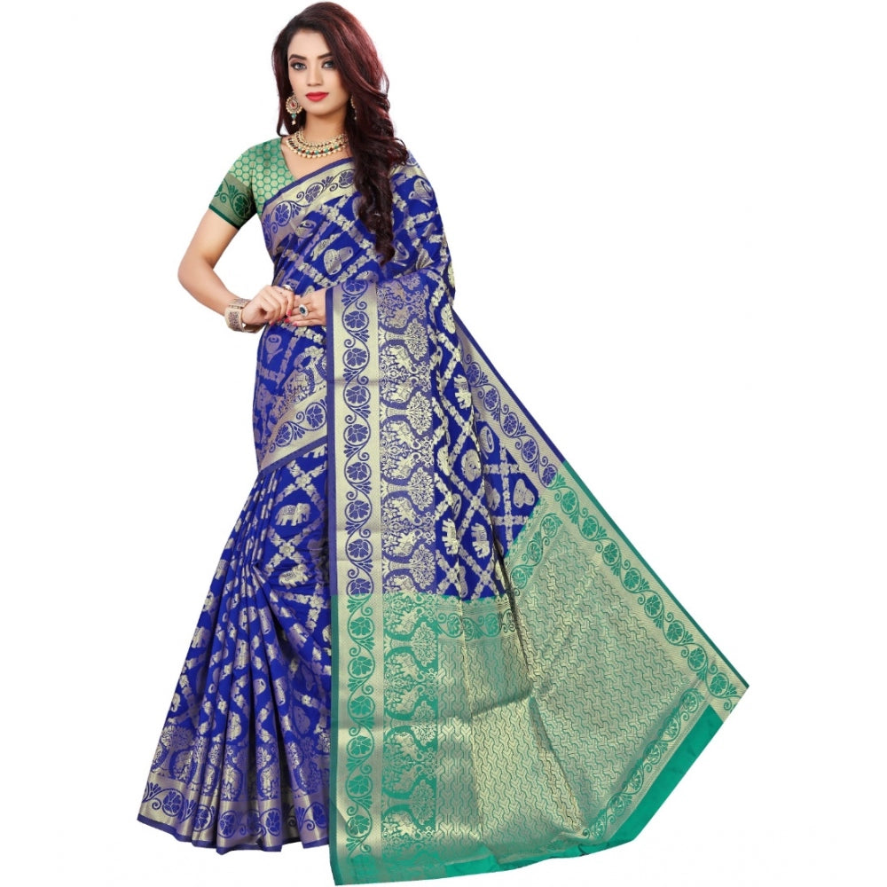 Women's Jacquard Woven Saree With Unstitched Blouse 5.5 Mtr (Blue)