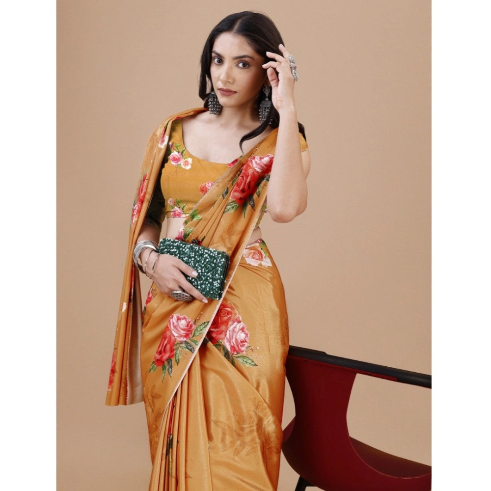 Women's Crepe Digital Print Saree With Unstitched Blouse 5.5 Mtr (Mustard)