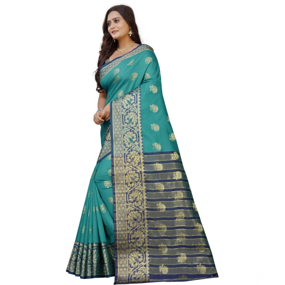 Women's Silk Blend Woven Saree With Unstitched Blouse 5.5 Mtr (Dark Blue-Green)
