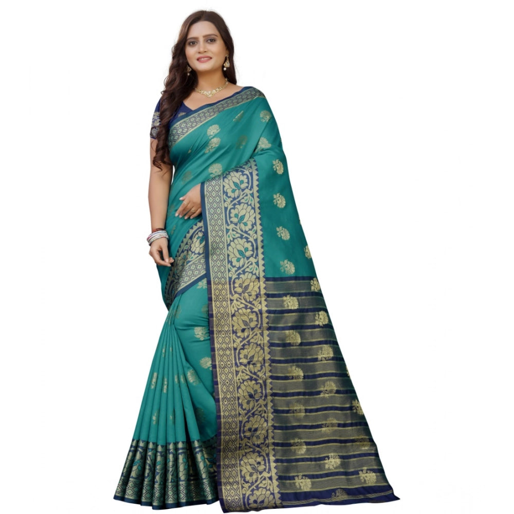 Women's Silk Blend Woven Saree With Unstitched Blouse 5.5 Mtr (Dark Blue-Green)