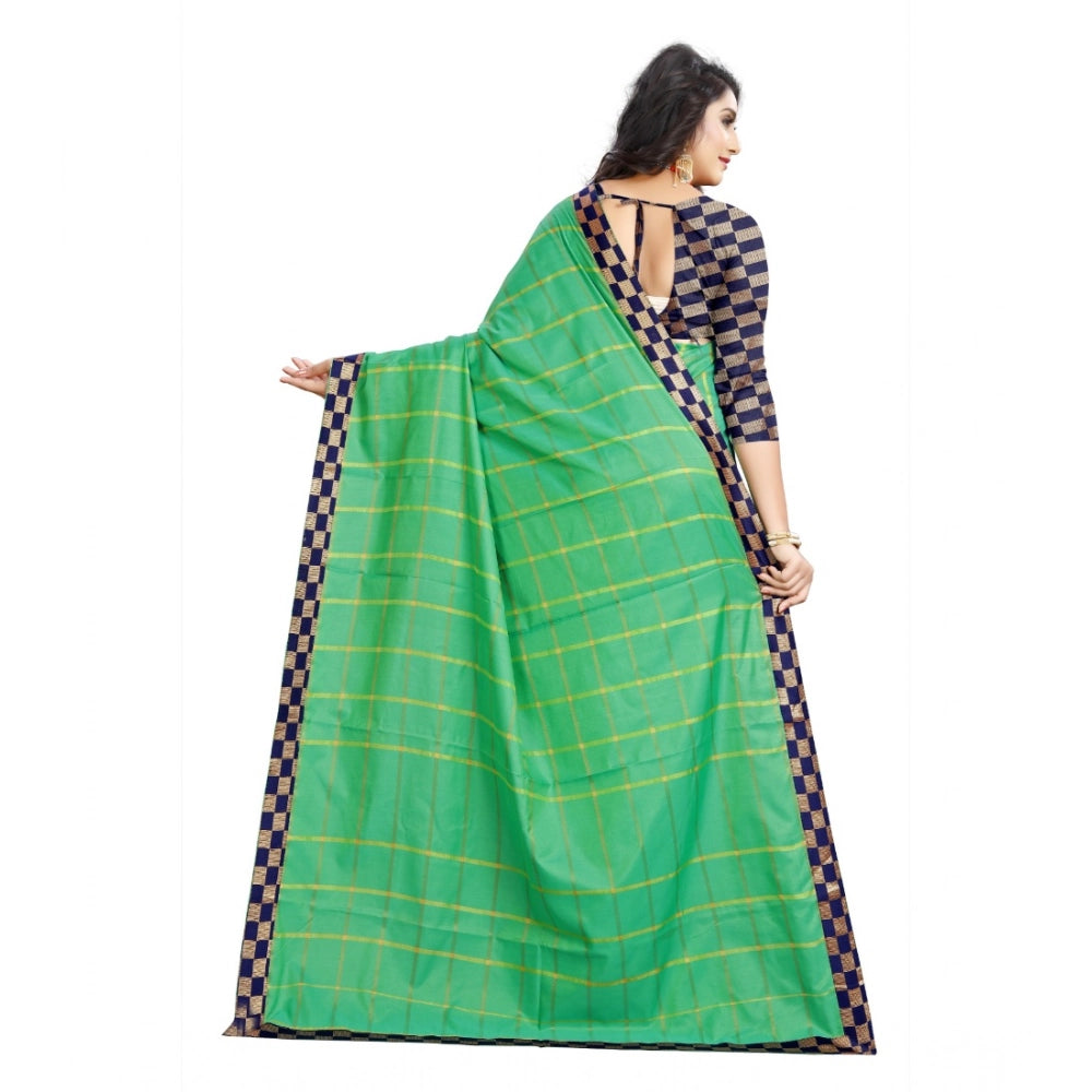 Women's Cotton Silk Checkered Saree With Unstitched Blouse 5.5 Mtr (Green)