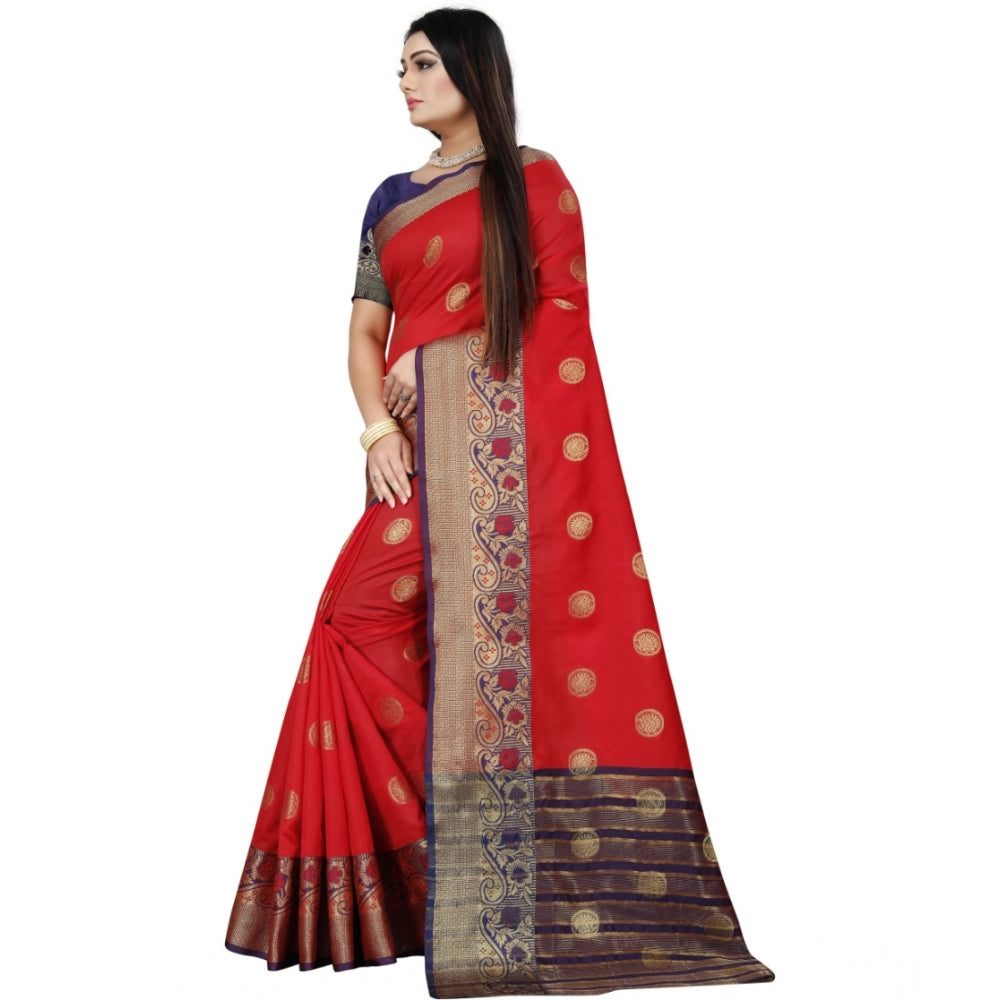 Women's Silk Blend Woven Saree With Unstitched Blouse 5.5 Mtr (Red-Blue)