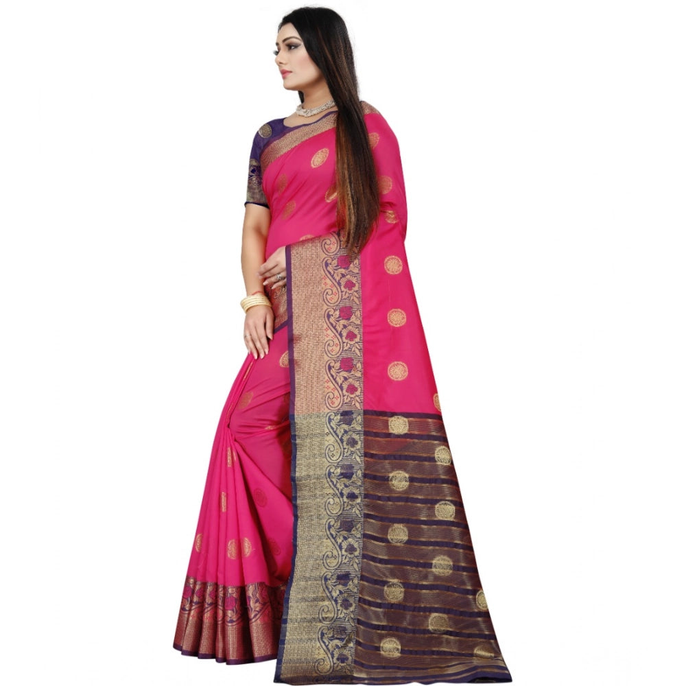 Women's Silk Blend Woven Saree With Unstitched Blouse 5.5 Mtr (Blue-Pink)