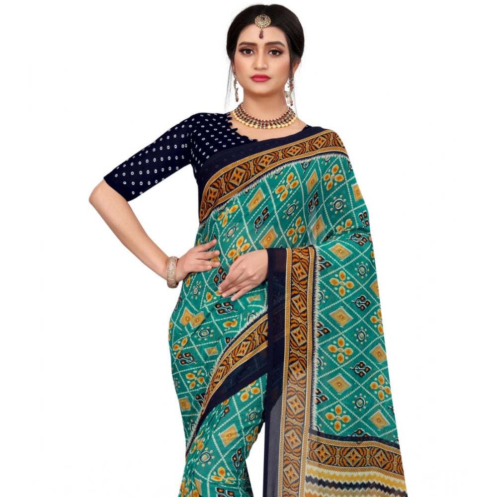 Women's Georgette Floral Print Saree With Unstitched Blouse 5.5 Mtr (Dark Green)