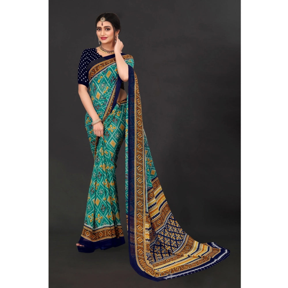 Women's Georgette Floral Print Saree With Unstitched Blouse 5.5 Mtr (Dark Green)