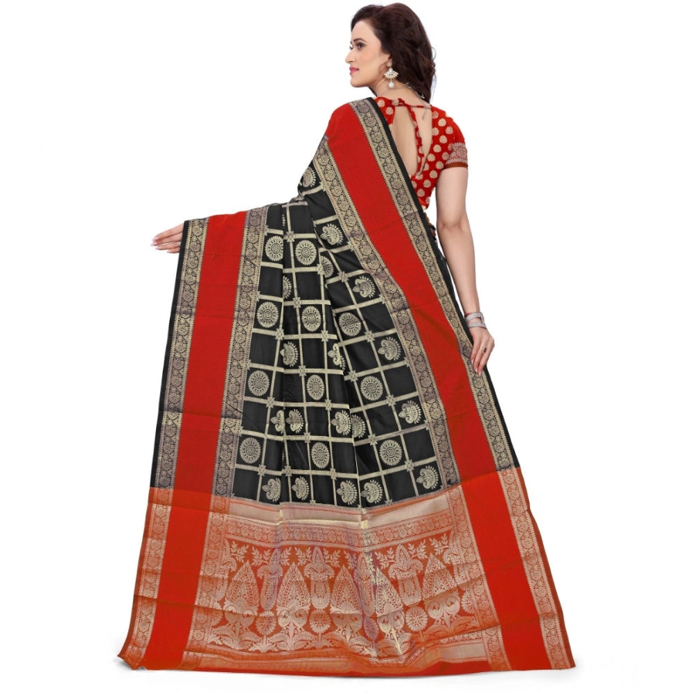 Women's Jacquard Woven Saree With Unstitched Blouse 5.5 Mtr (Red-Black)
