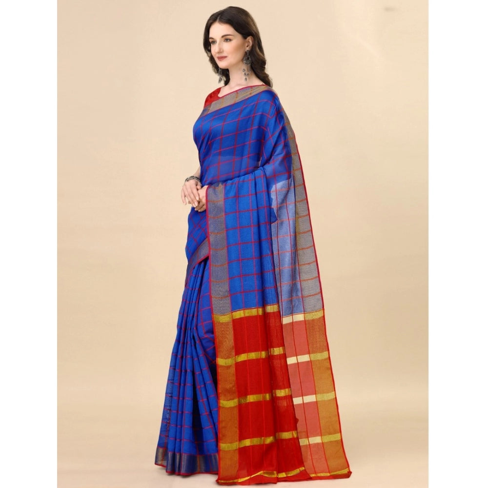 Women's Cotton Silk Checkered Saree With Unstitched Blouse 5.5 Mtr (Blue)