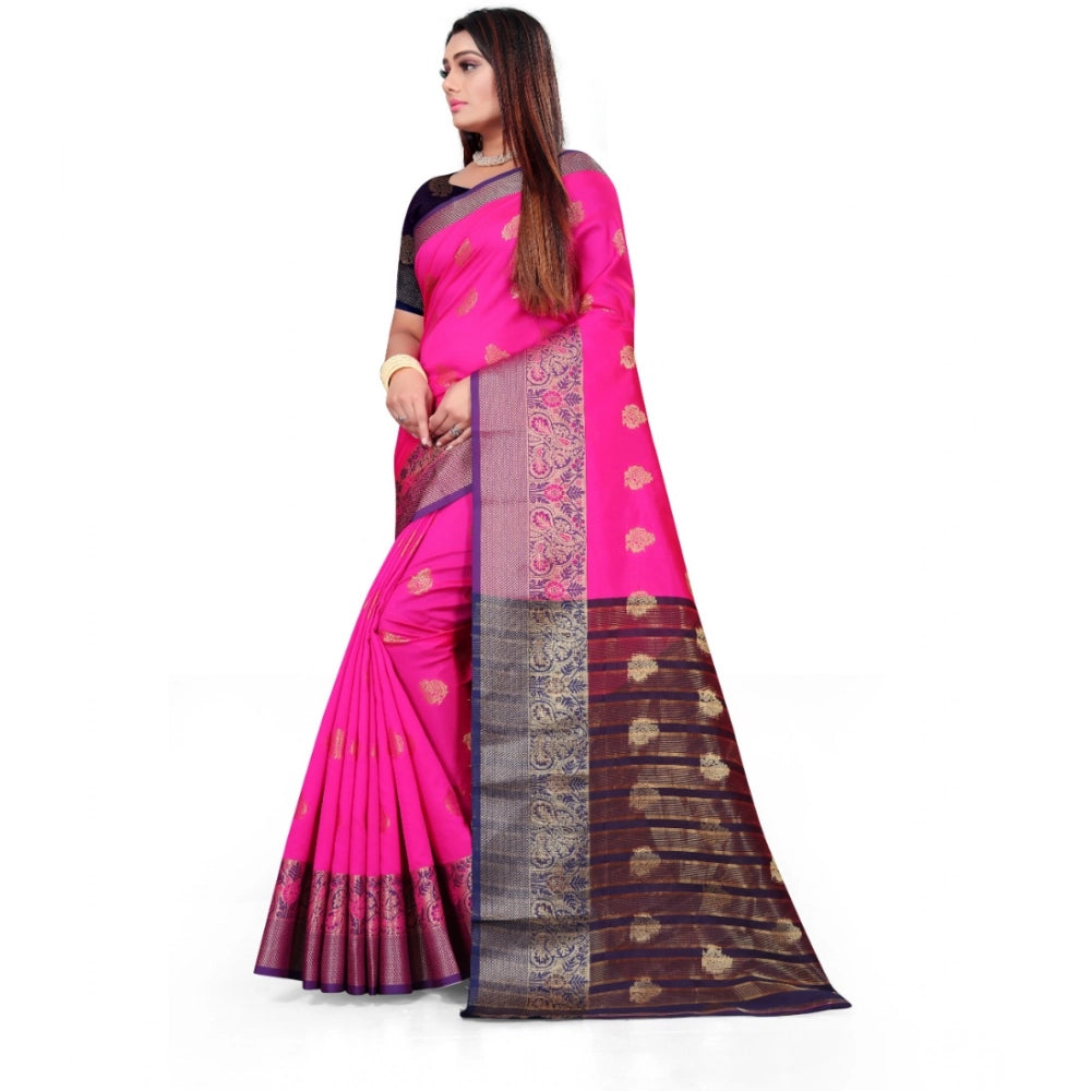 Women's Silk Blend Woven Saree With Unstitched Blouse 5.5 Mtr (Pink)