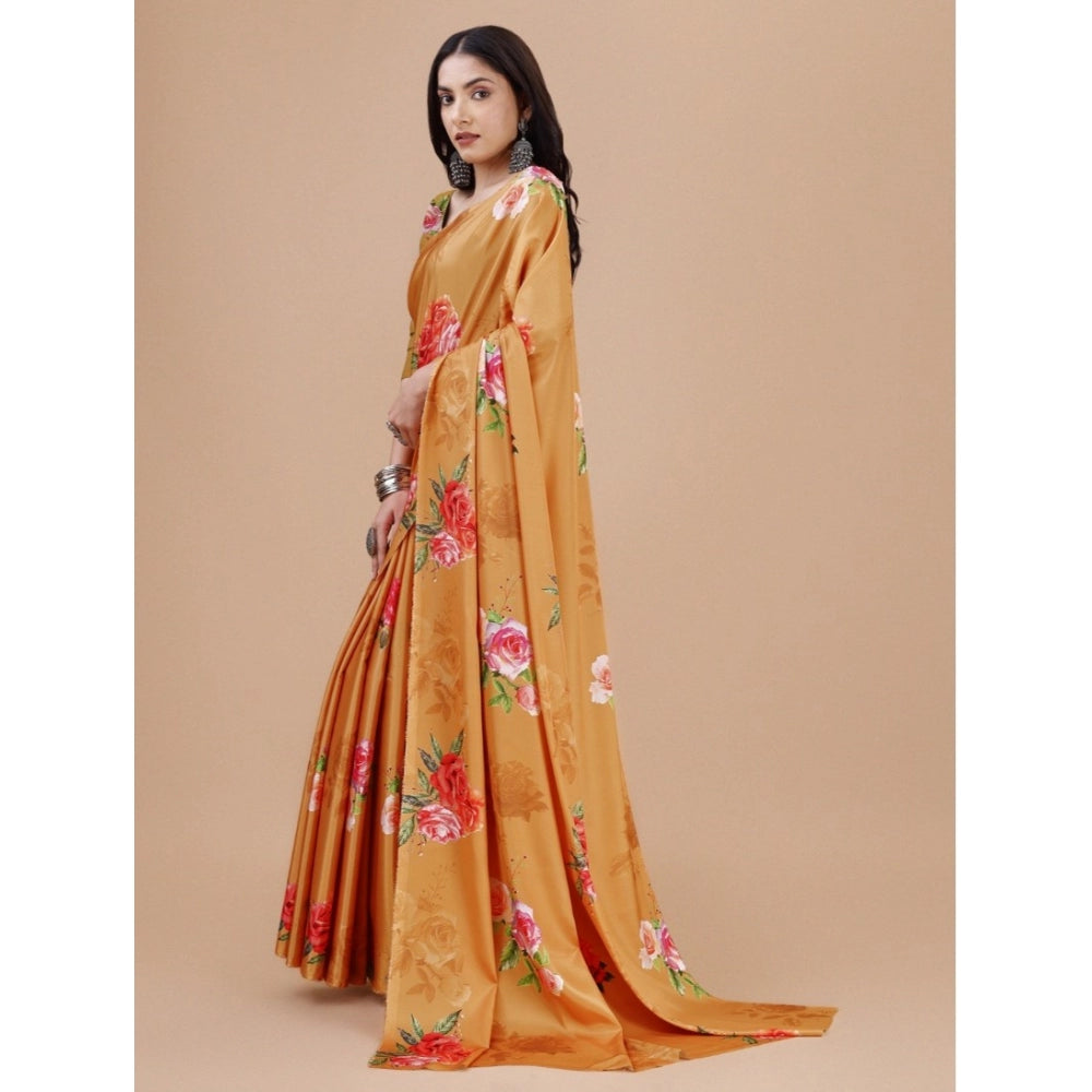 Women's Crepe Digital Print Saree With Unstitched Blouse 5.5 Mtr (Mustard)