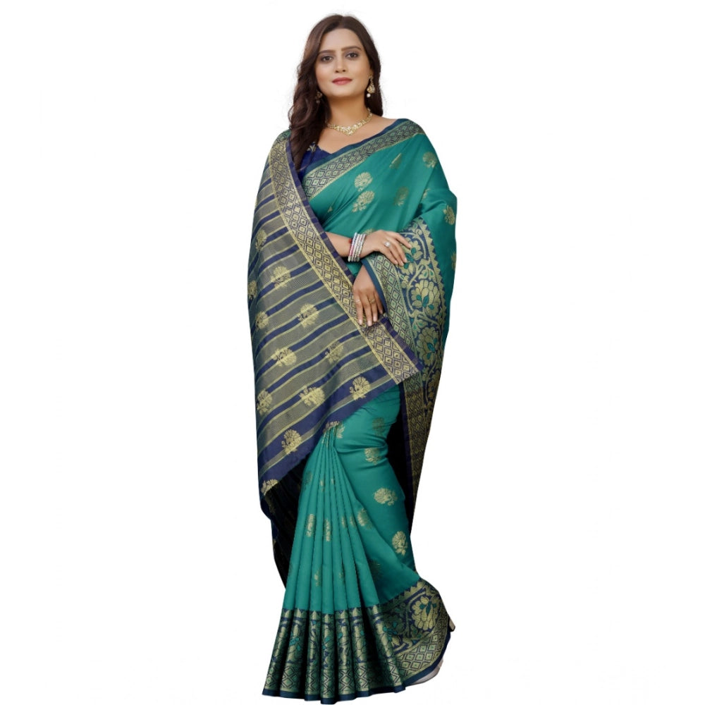 Women's Silk Blend Woven Saree With Unstitched Blouse 5.5 Mtr (Dark Blue-Green)