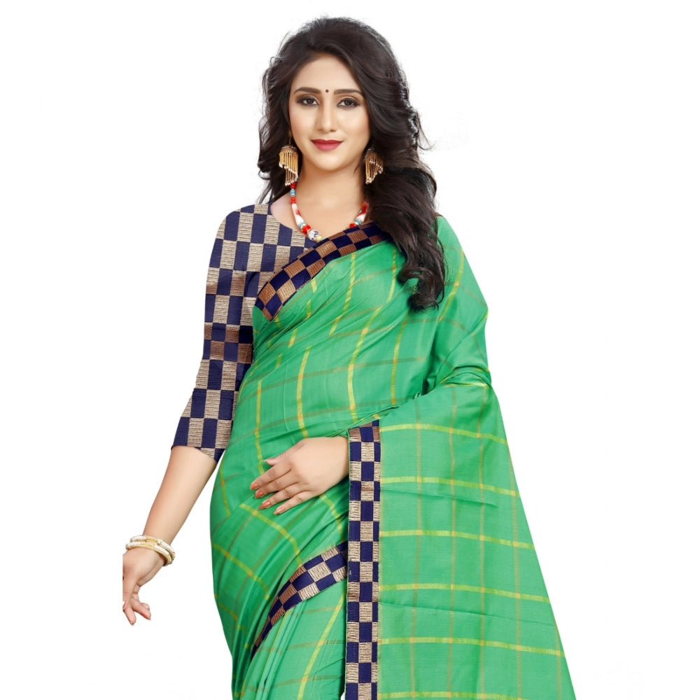 Women's Cotton Silk Checkered Saree With Unstitched Blouse 5.5 Mtr (Green)