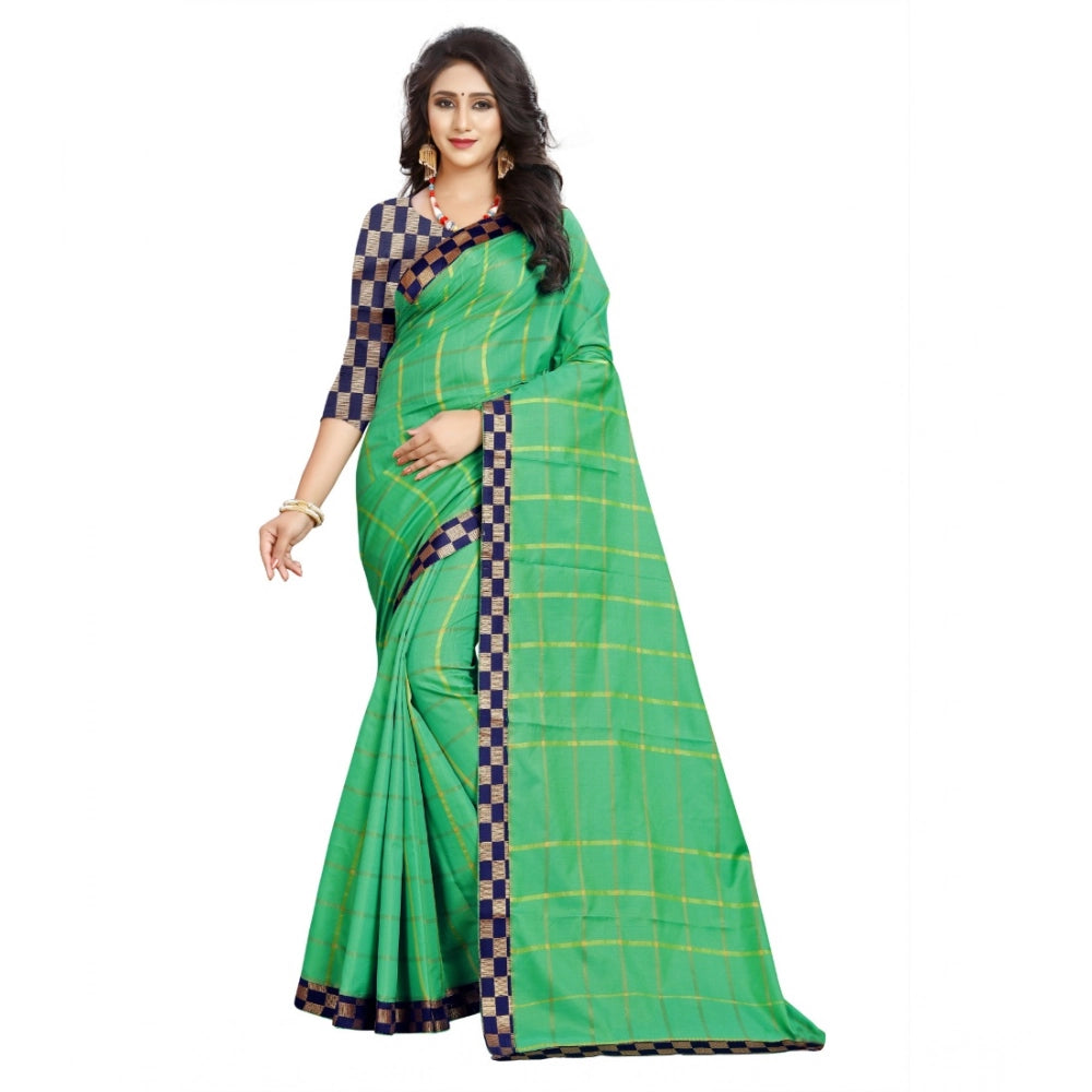 Women's Cotton Silk Checkered Saree With Unstitched Blouse 5.5 Mtr (Green)