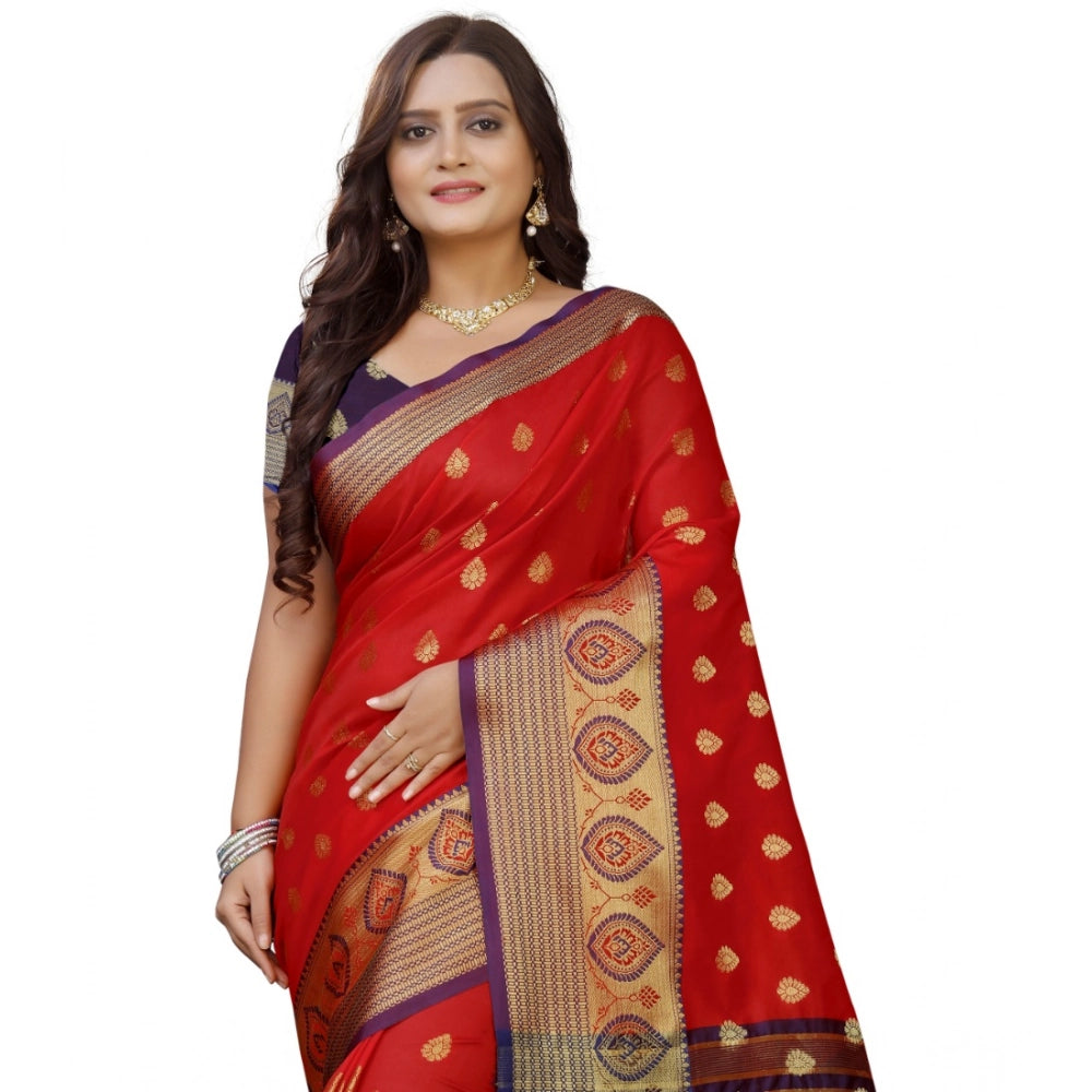 Women's Silk Blend Woven Saree With Unstitched Blouse 5.5 Mtr (Purple-Red)