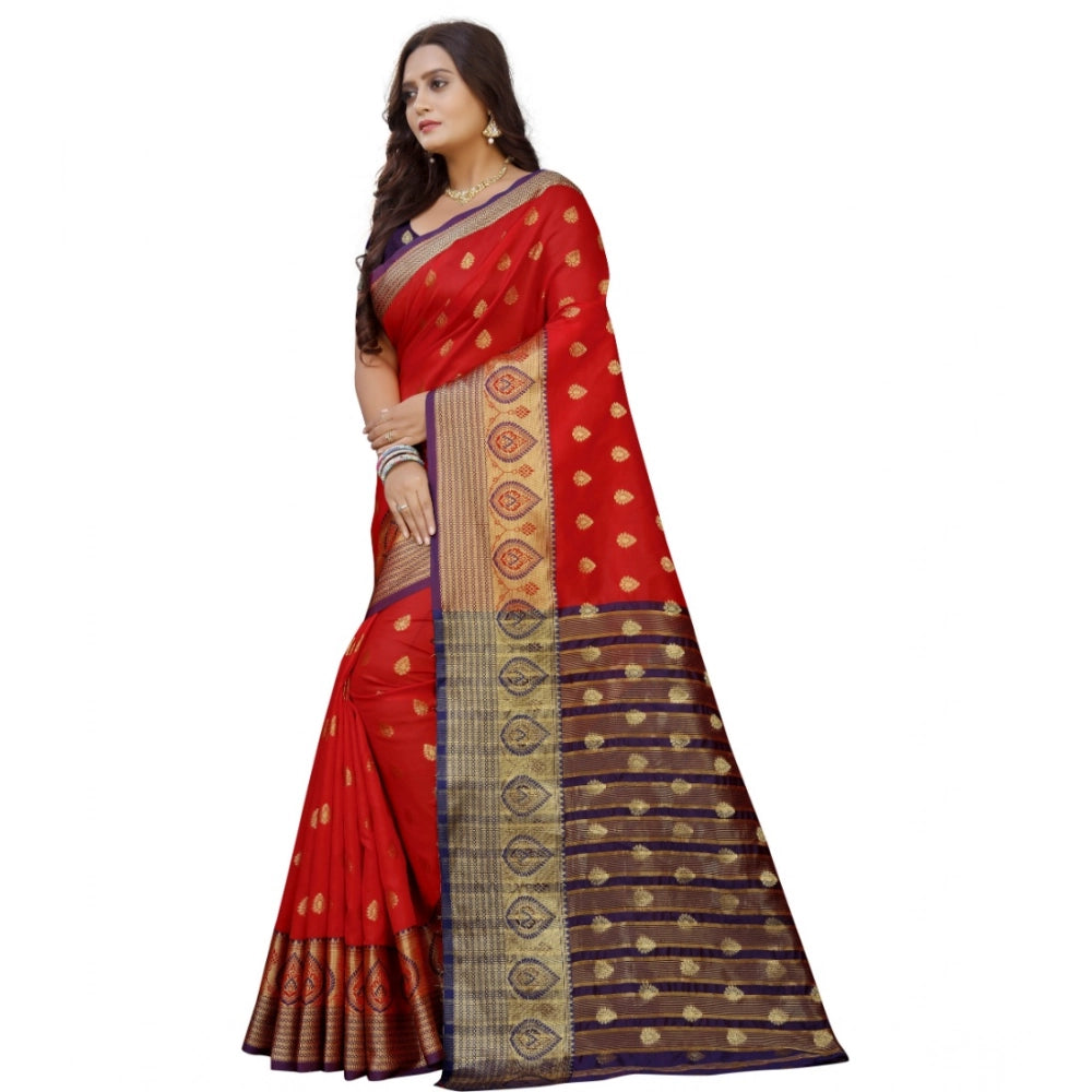 Women's Silk Blend Woven Saree With Unstitched Blouse 5.5 Mtr (Purple-Red)