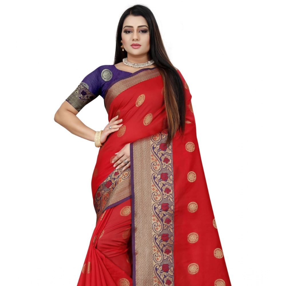 Women's Silk Blend Woven Saree With Unstitched Blouse 5.5 Mtr (Red-Blue)