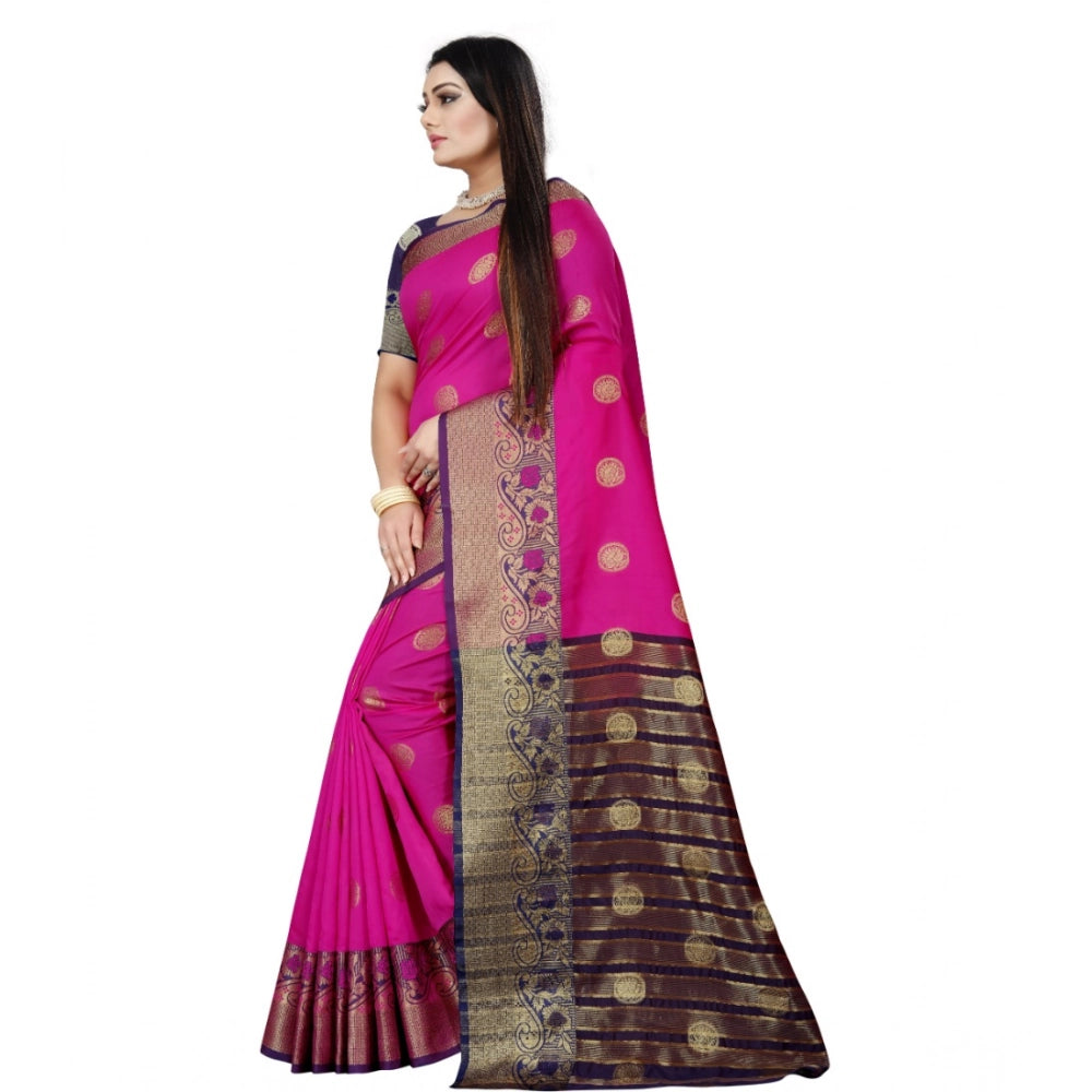 Women's Silk Blend Woven Saree With Unstitched Blouse 5.5 Mtr (Blue-Pink)
