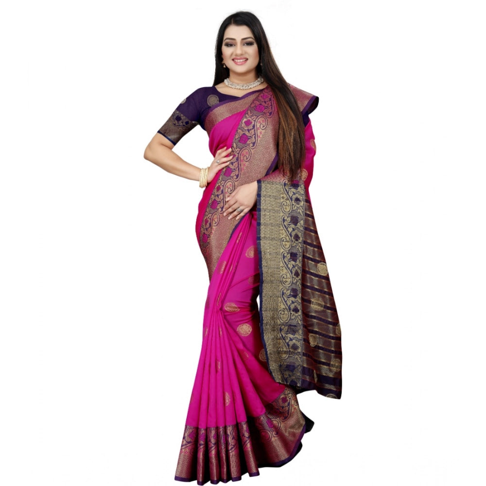 Women's Silk Blend Woven Saree With Unstitched Blouse 5.5 Mtr (Blue-Pink)