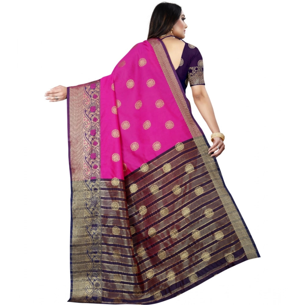 Women's Silk Blend Woven Saree With Unstitched Blouse 5.5 Mtr (Blue-Pink)