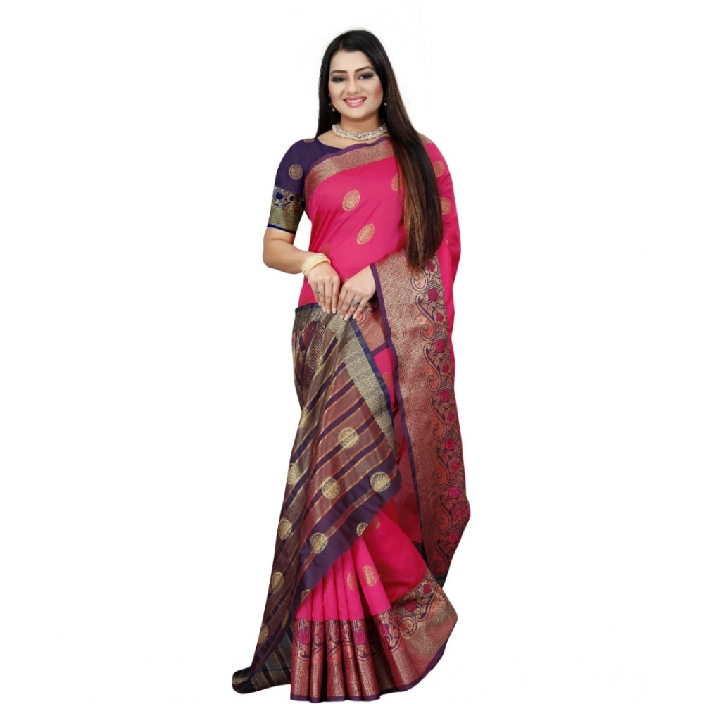 Women's Silk Blend Woven Saree With Unstitched Blouse 5.5 Mtr (Blue-Pink)