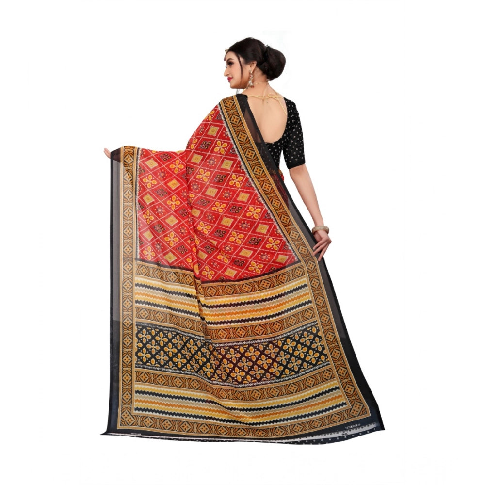 Women's Georgette Floral Print Saree With Unstitched Blouse 5.5 Mtr (Red)