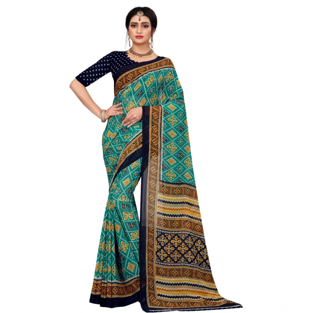 Women's Georgette Floral Print Saree With Unstitched Blouse 5.5 Mtr (Dark Green)