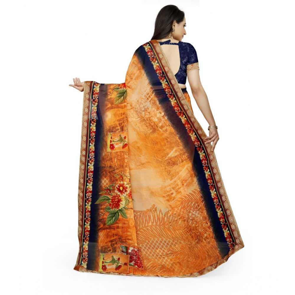Women's Georgette Floral Print Saree With Unstitched Blouse 5.5 Mtr (Blue-Orange)
