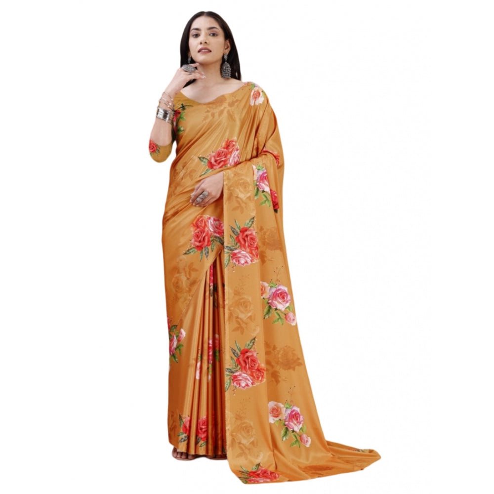Women's Crepe Digital Print Saree With Unstitched Blouse 5.5 Mtr (Mustard)