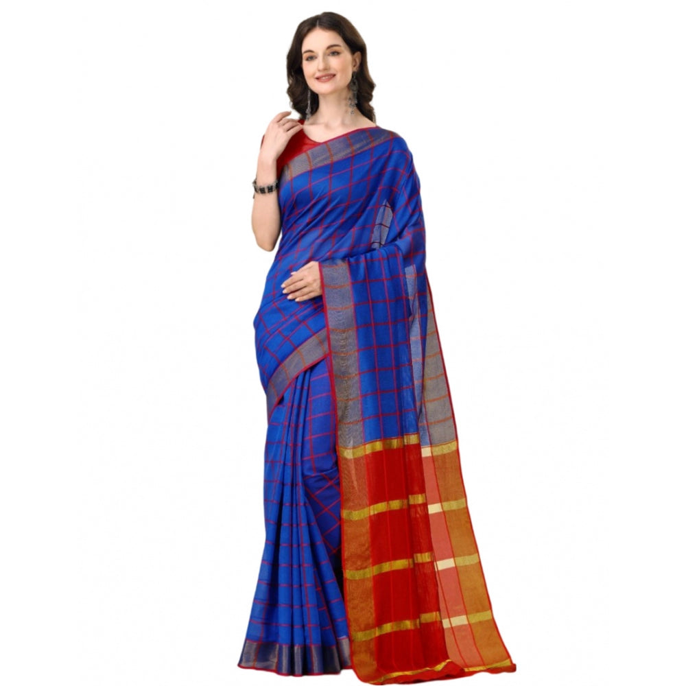 Women's Cotton Silk Checkered Saree With Unstitched Blouse 5.5 Mtr (Blue)