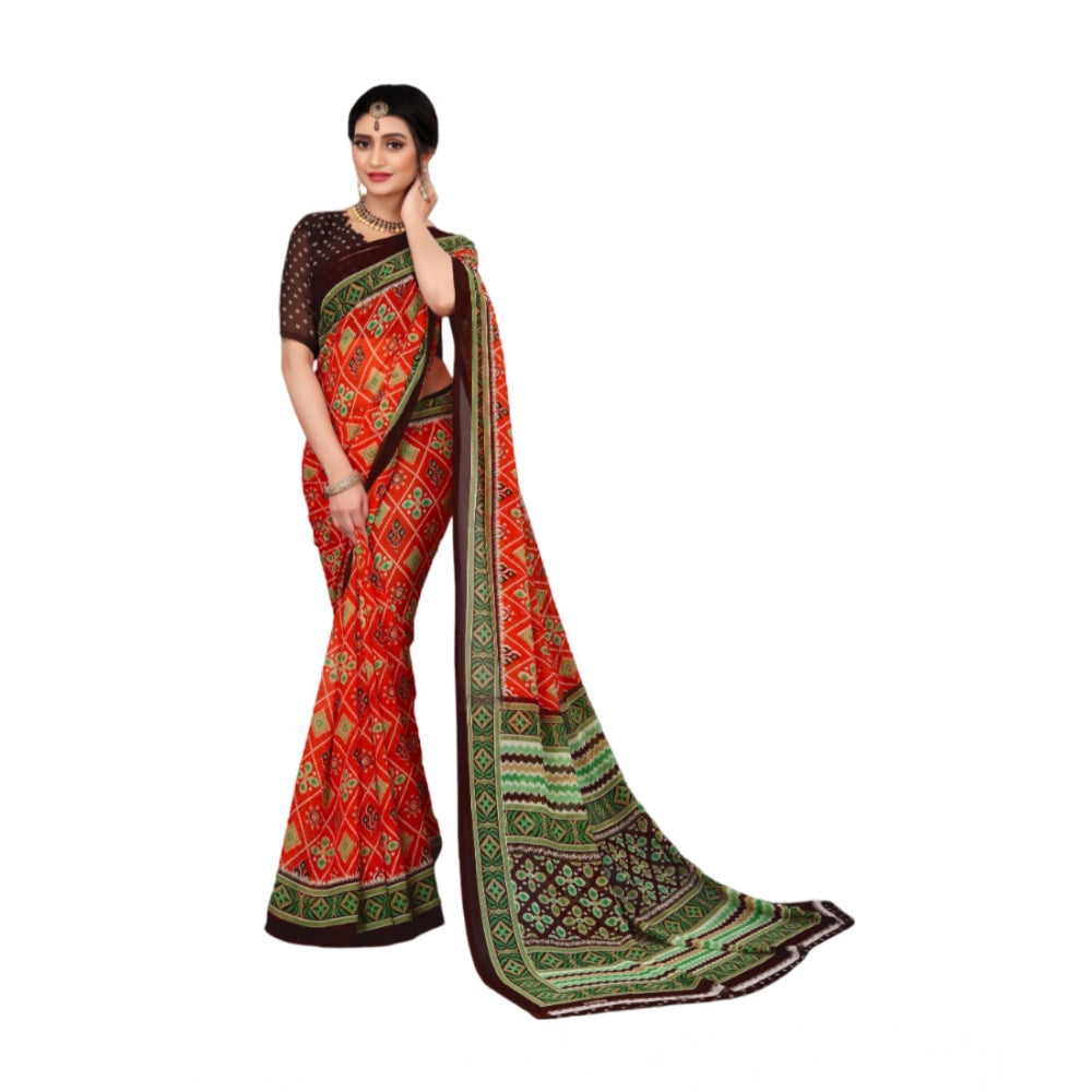 Women's Georgette Floral Print Saree With Unstitched Blouse 5.5 Mtr (Red)