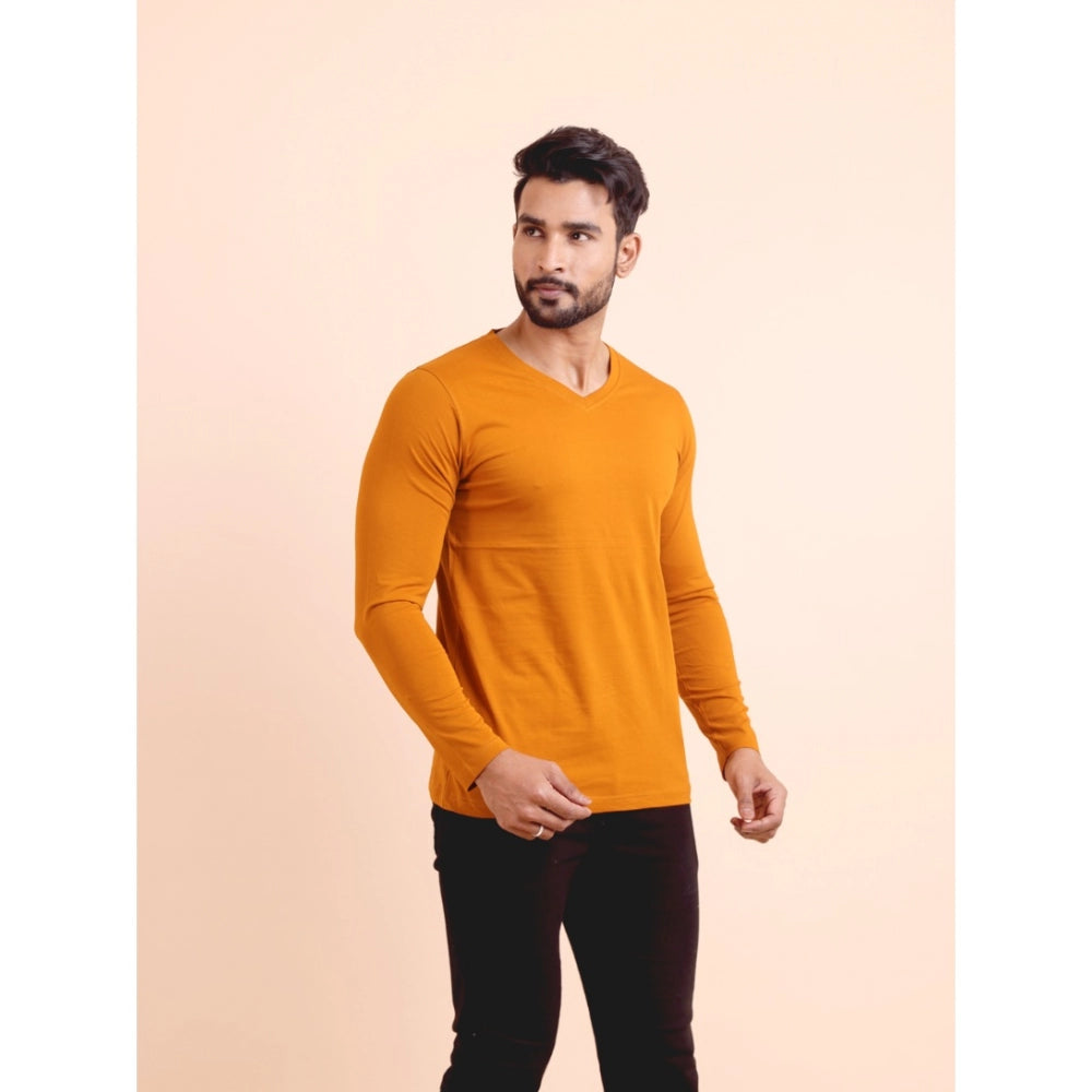 Solid Cotton V Neck Full Sleeve T-Shirt for Men - Mustard - POPNOVA - photo 5