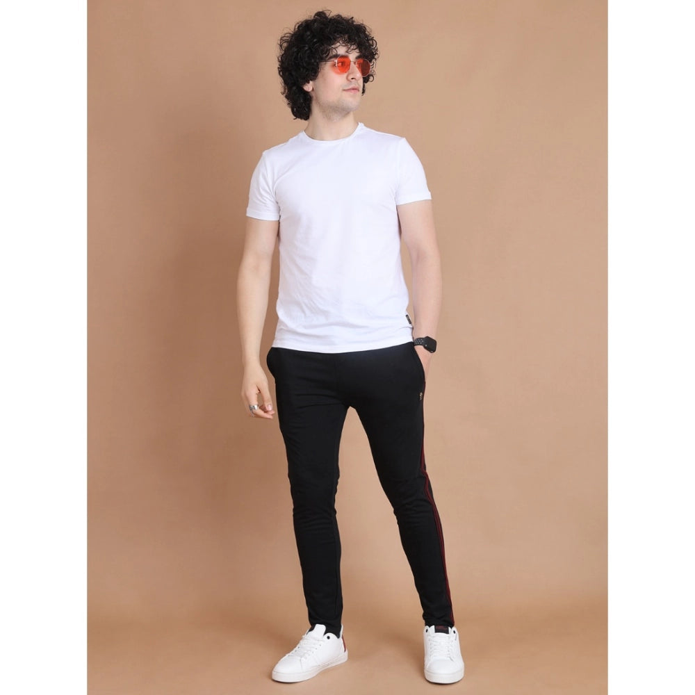 Men's Casual Cotton Striped Full-Length Track Pant - Black
