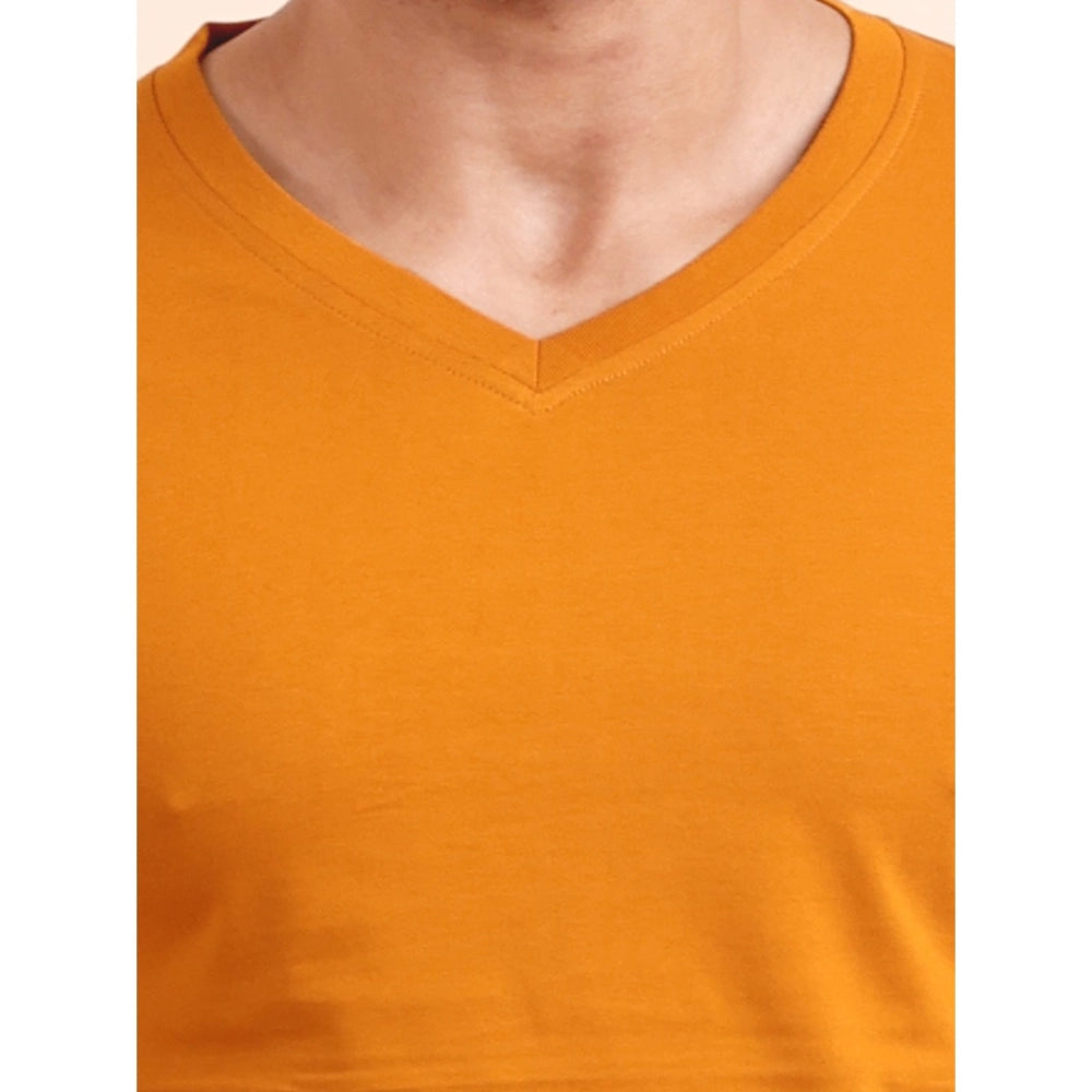 Solid Cotton V Neck Full Sleeve T-Shirt for Men - Mustard - POPNOVA - photo 3