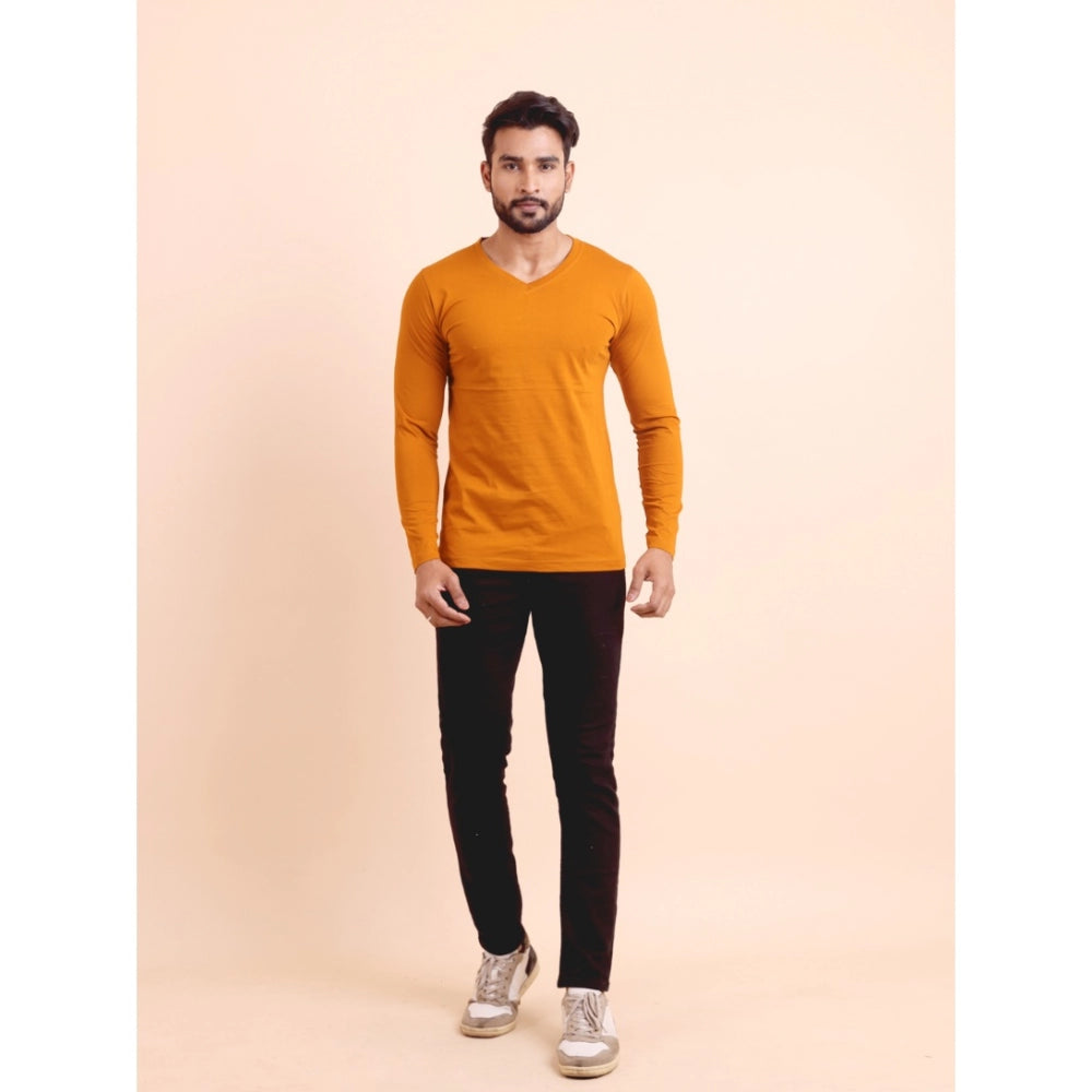Solid Cotton V Neck Full Sleeve T-Shirt for Men - Mustard - POPNOVA - photo 2