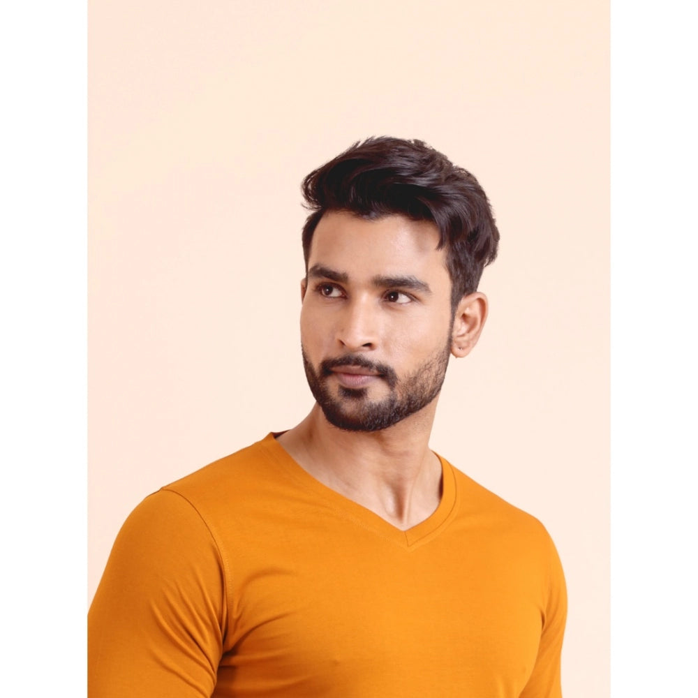 Solid Cotton V Neck Full Sleeve T-Shirt for Men - Mustard - POPNOVA - photo 6