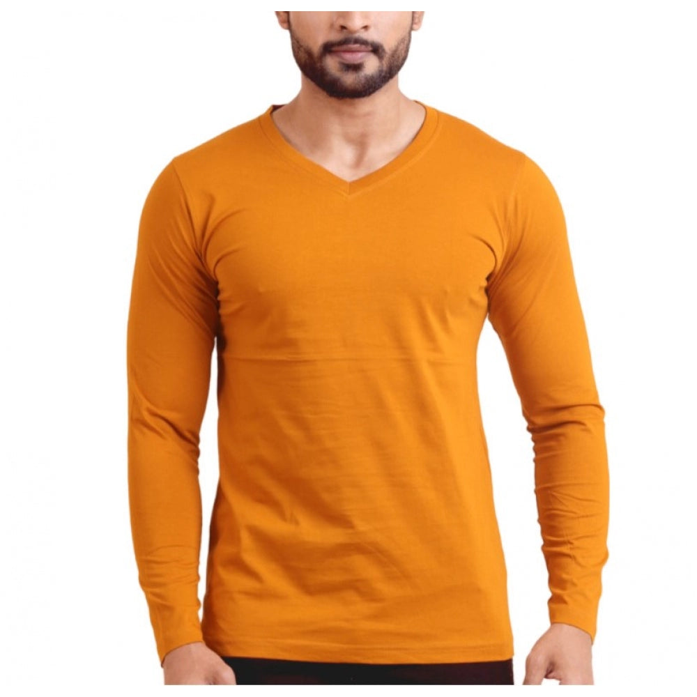 Solid Cotton V Neck Full Sleeve T-Shirt for Men - Mustard - POPNOVA - photo 1