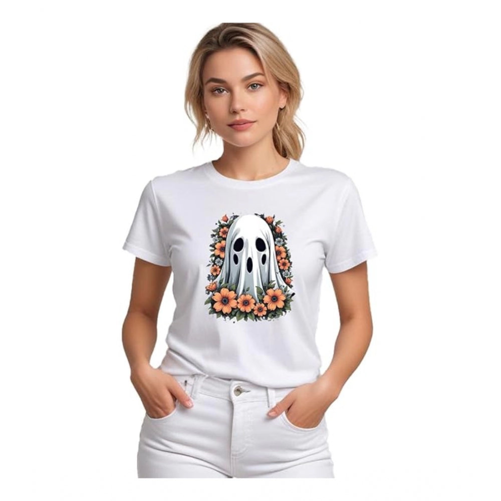 Women's Polyester Solid Printed Round Neck Half Sleeve T - shirt - White
