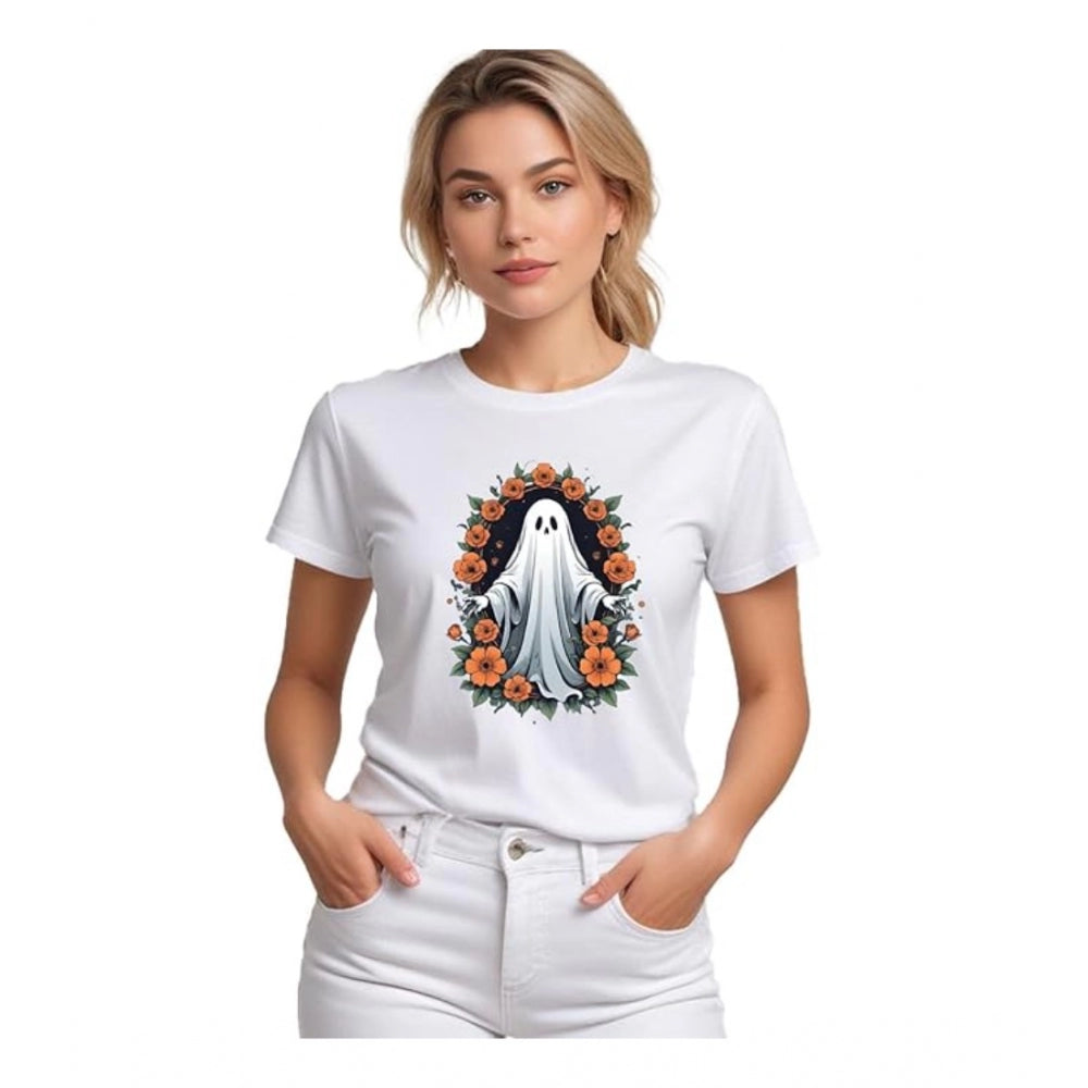 Women's Polyester Solid Printed Round Neck Half Sleeve T - shirt - White