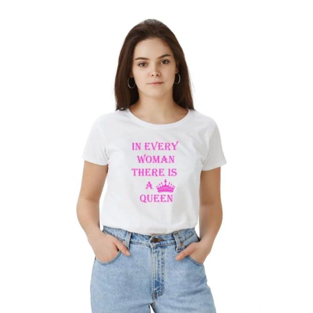 Women's Polyester Solid Printed Round Neck Half Sleeve T - shirt - White