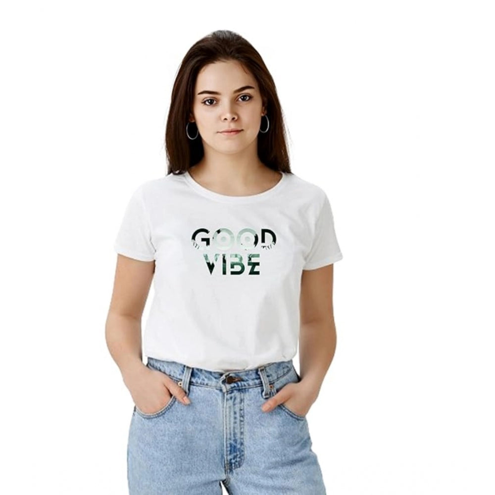 Women's Polyester Solid Printed Round Neck Half Sleeve T - shirt - White