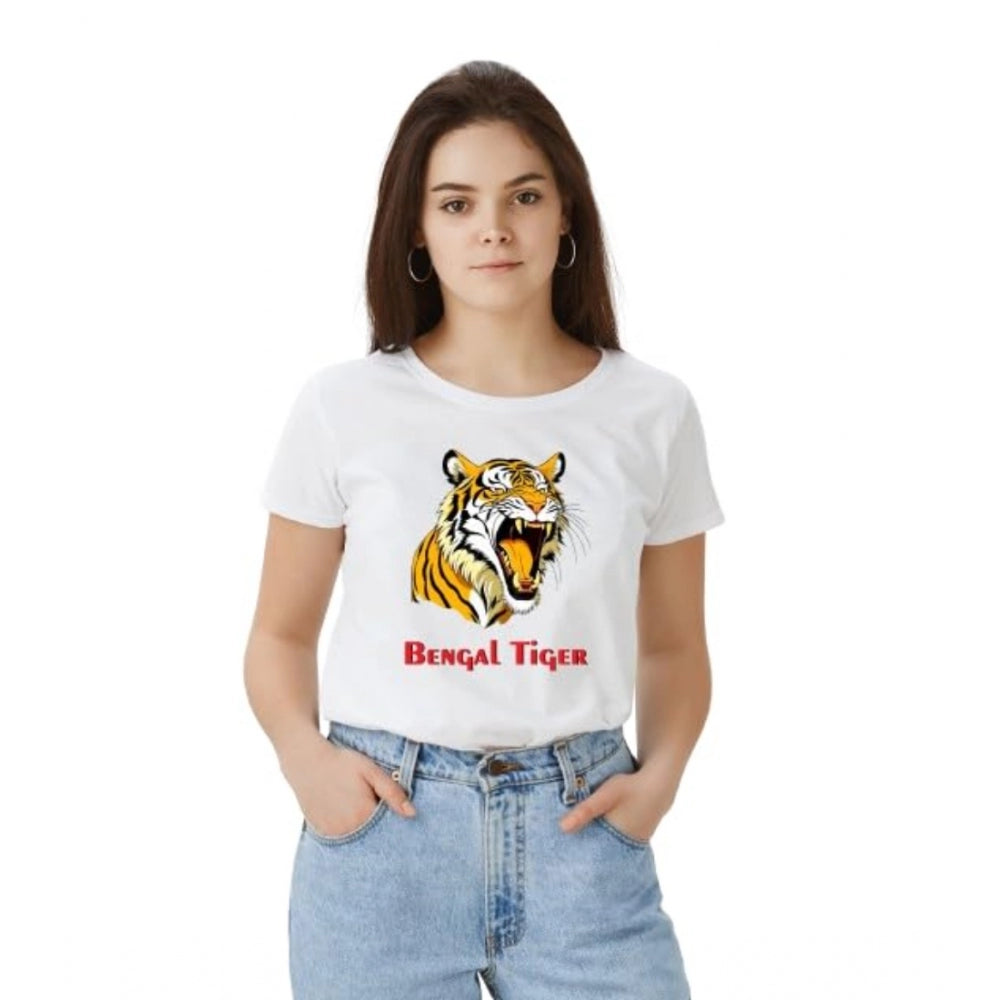 Women's Polyester Solid Printed Round Neck Half Sleeve T - shirt - White