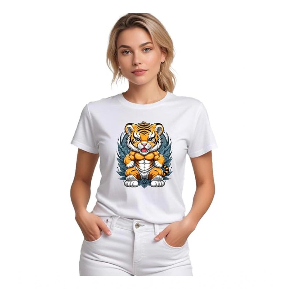 Women's Polyester Solid Printed Round Neck Half Sleeve T - shirt - White