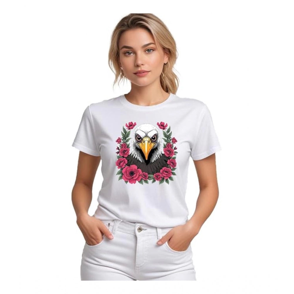 Women's Polyester Solid Printed Round Neck Half Sleeve T - shirt - White