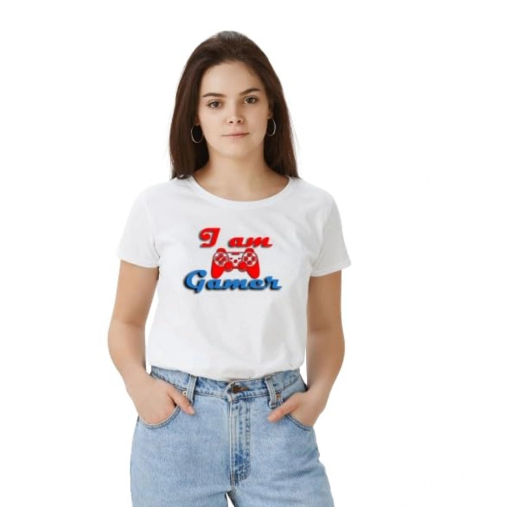 Women's Polyester Solid Printed Round Neck Half Sleeve T - shirt - White