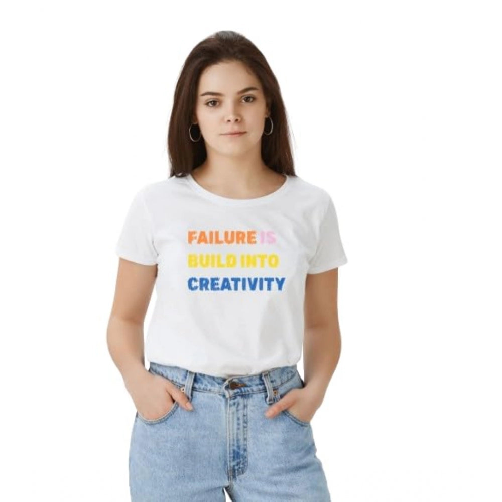 Women's Polyester Solid Printed Round Neck Half Sleeve T - shirt - White
