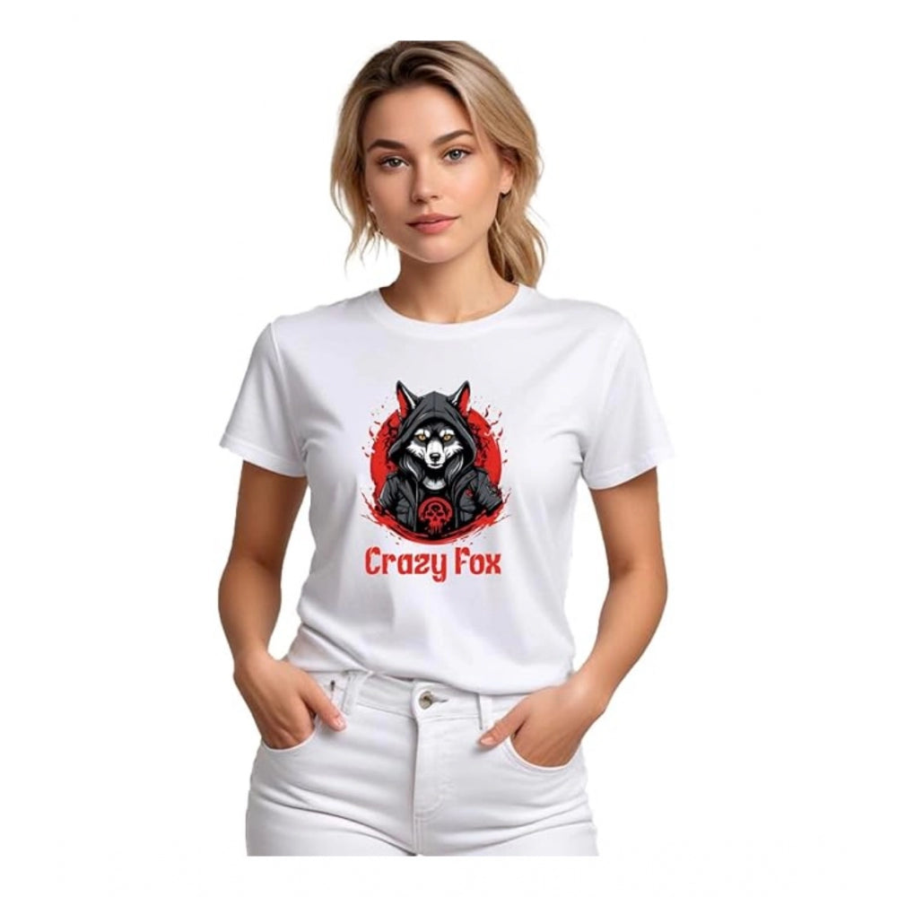Women's Polyester Solid Printed Round Neck Half Sleeve T - shirt - White