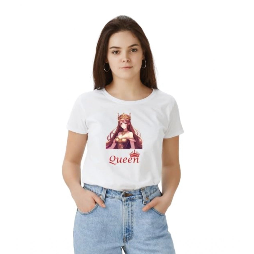 Women's Polyester Solid Printed Round Neck Half Sleeve T - shirt - White