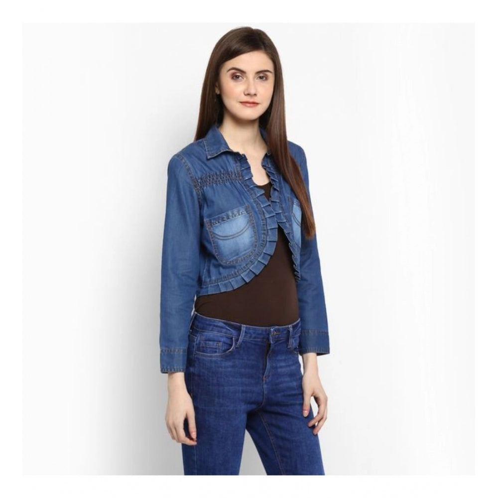 Women's Denim Pleated 3/4 Sleeve Sleeves Shrug - Blue