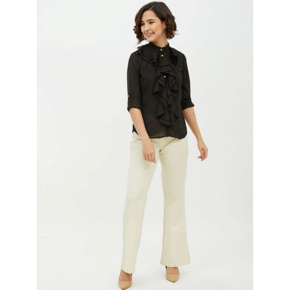 Women's Polyester Ruffled Long Sleeve Standard Length Shirt - Black